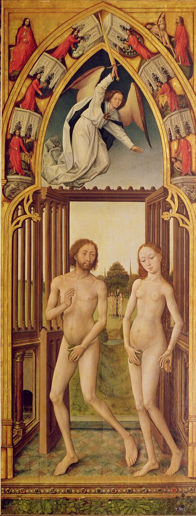 Erlösungstriptychon; rechte Tafel zeigt die Vertreibung von Adam und Eva aus dem Paradies, ca. 1460 von Vrancke van der Stockt